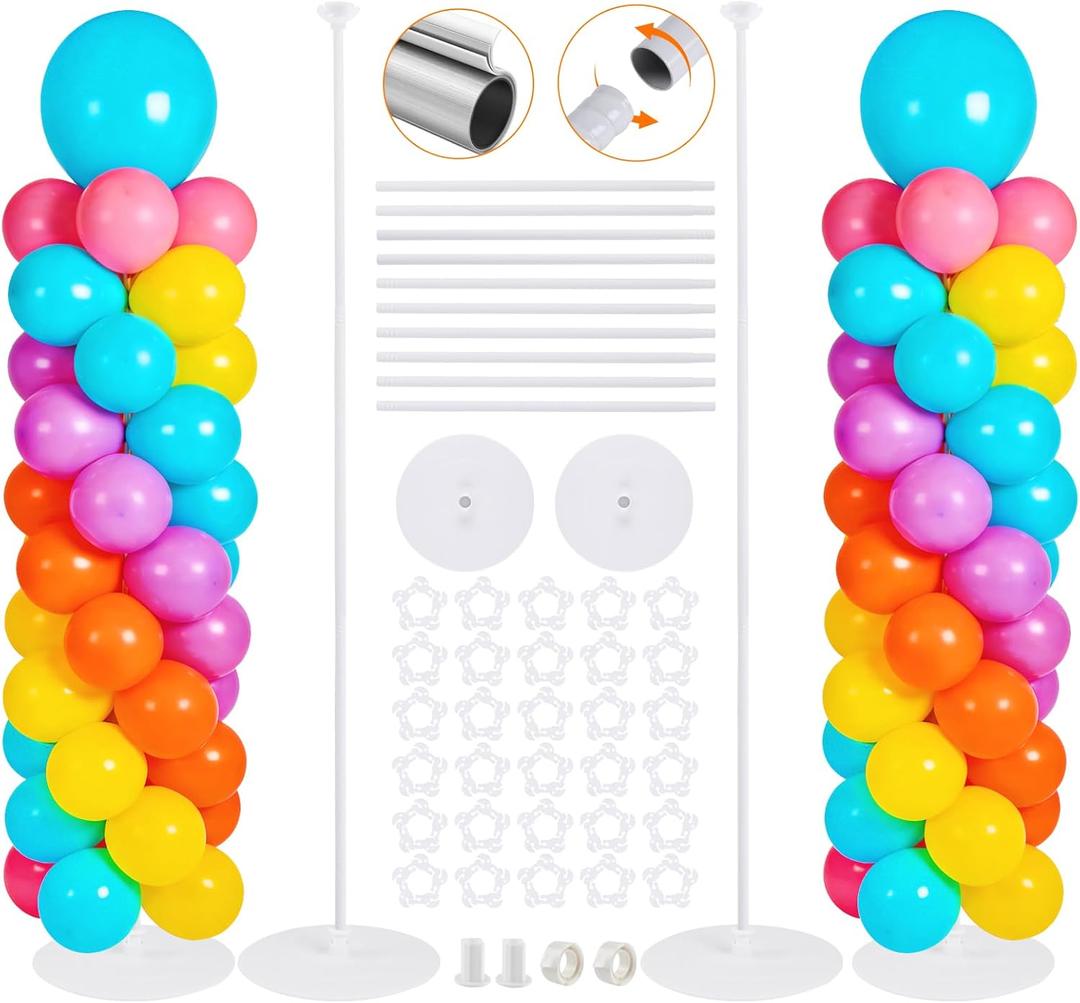 Balloon Stand Kit Set of 2, 7FT Metal Balloon Pillars Stand with Base, Reusable Balloon Columns for Birthday, Wedding, Baby Shower, Graduation Party Decorations (White)