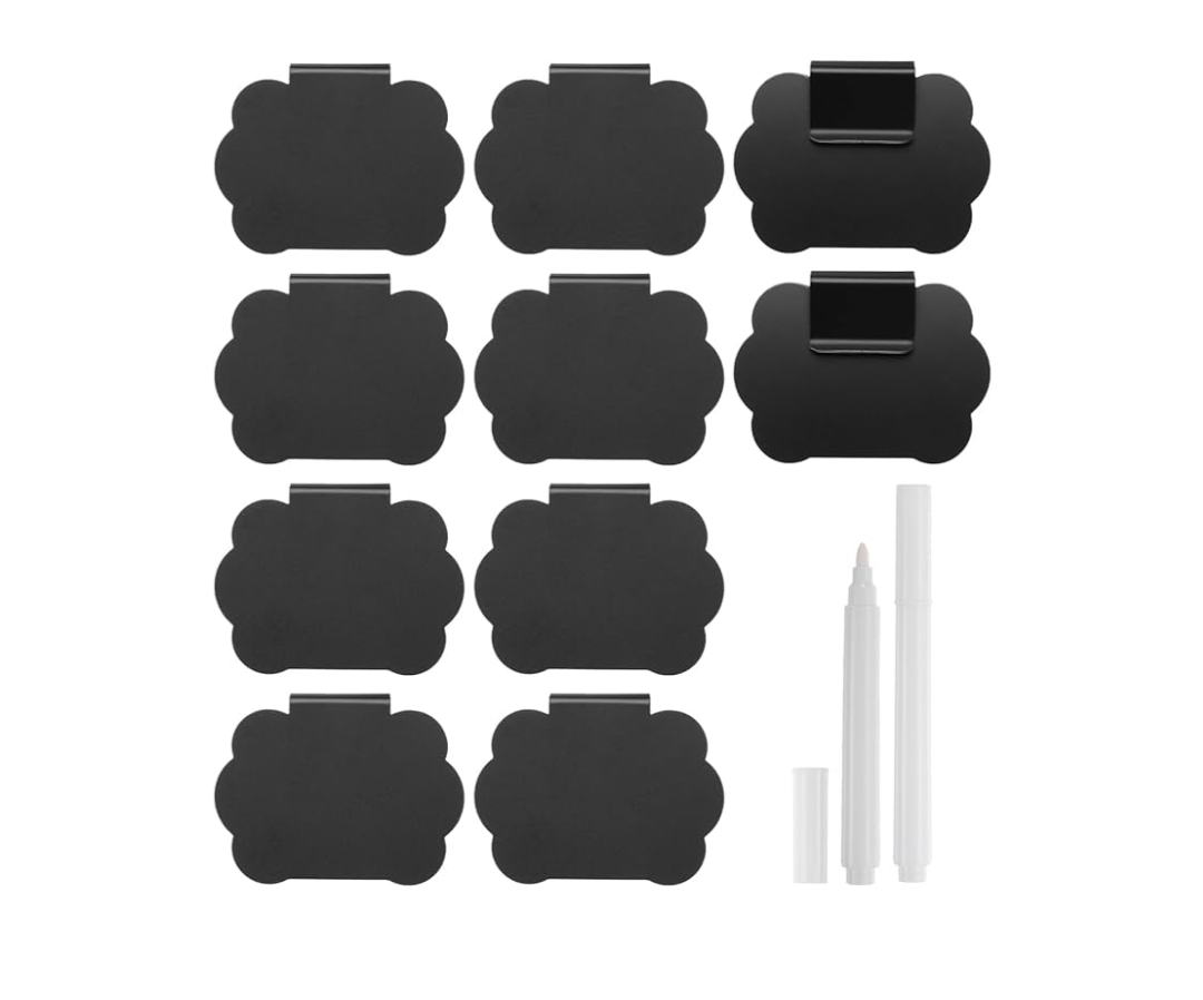 2 Packs Basket Labels for Storage Bins, 20Pcs Reusable Removable Bin Black Basket Labels Clip-On with 2Pcs White Chalk Marker Bin Labels for Basket Pantry Organization Box(Wave-Like)