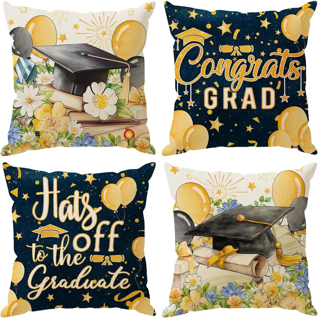 Congrats Grad Cap Balloon Flowers Book Graduation Pillow Covers Throw Pillow Cases Set of 4 Decorations for Home Sofa Cushion Cover Party Holiday Decor 18x18 Inch