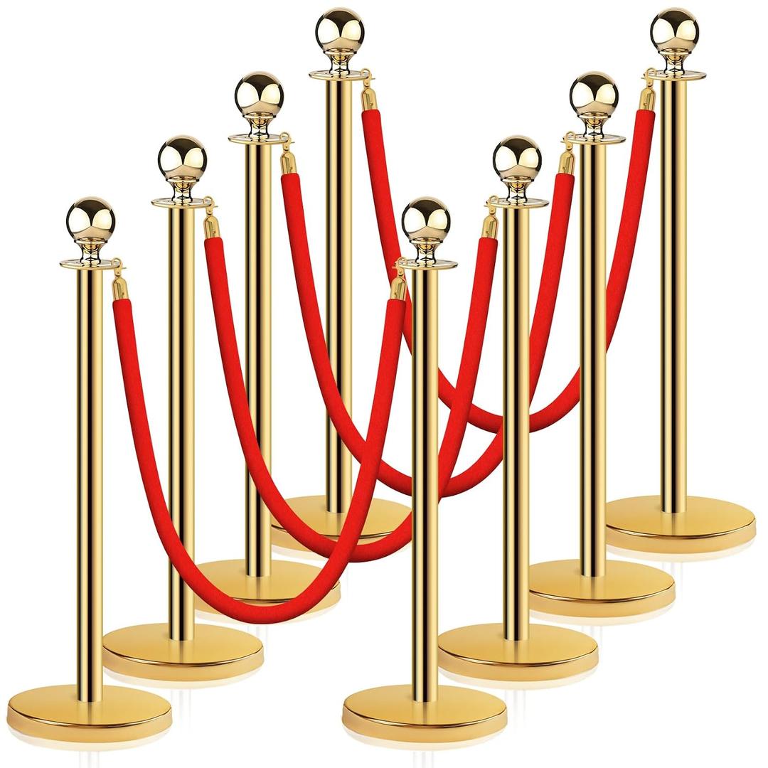Stainless Steel Stanchion Post Queue 5 ft Red Velvet Rope Red Carpet Ropes and Poles Crowd Control Barriers Sand Injection Hollow Base and Velvet Ropes Set for Party Supplies (8 Pieces, Gold)