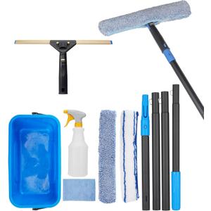 Professional Window Cleaning Kit with 50" Extension Pole, 8-in-1 Window Scrubber Squeegee Set, 14" Flexible Head, 3 Gallon Storage Bucket, Spray Bottle Microfiber Cloths for High Indoor/Outdoor Glass