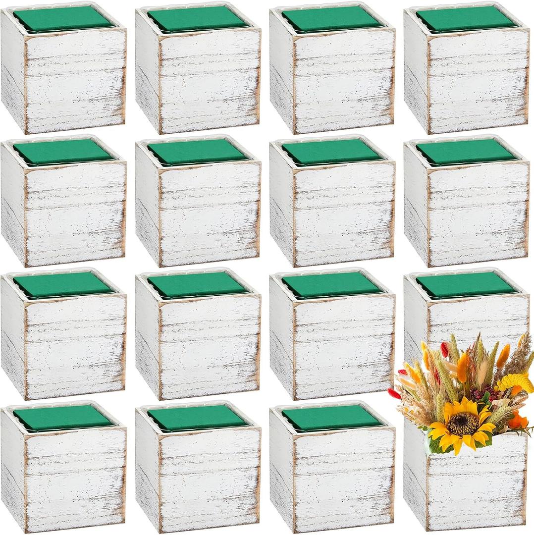Dandat 18 Sets 4 Inch Wooden Cube Planter Boxes for Centerpiece Flower White Wood Rustic Square Vase with Removable Plastic Liner Floral Foam Block for Garden Wedding Home Arrangement Decor, 4.02 x 4.02 x 3.54 Inch
