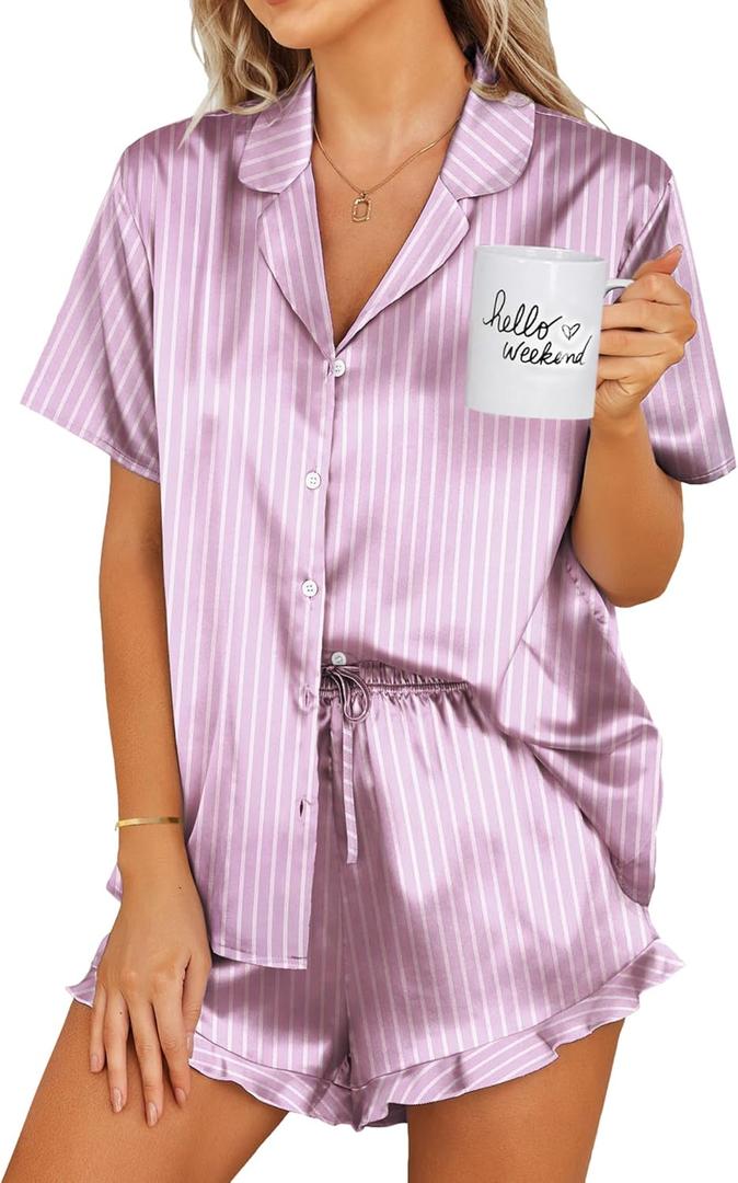 Ekouaer Women's Satin Pajamas Set Button Down 2 Piece Silk Pjs Shorts Set Ruffle Lingerie Notch Collar Sleepwear (X-Small, Striped Purple)
