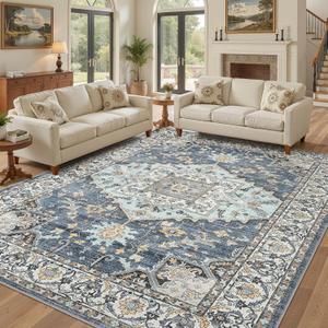 10x14 Washable Area Rugs for Living Room: Non Slip Vintage Blue Yellow Rug, Large Soft Stain Resistant Indoor Floor Carpets for Bedroom Dining Room Nursery Home Office Kid & Pet Friendly