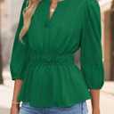 ZESICA Women's 2026 Fall Babydoll Peplum Tops V Neck Puff 3/4 Length Sleeve Shirts Dressy Casual Blouses (Green, S)