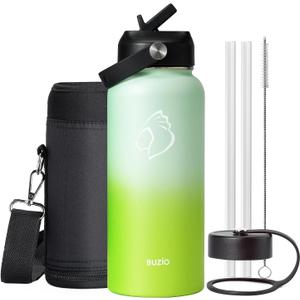 BUZIO 32oz Insulated Water Bottle, Triple Wall Vacuum Stainless Steel Water Flask with Straw Lid, BPA-Free Leakproof Sports Canteen for Sports Hiking, Cold 48H & Hot 24H- Gradient Green