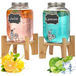 1 Gallon Glass Drink Dispensers for Parties - 2Pack Beverage Dispenser with Stand, Drink Containers with Leakproof Spigot Used As Lemonade Juice Punch Dispenser