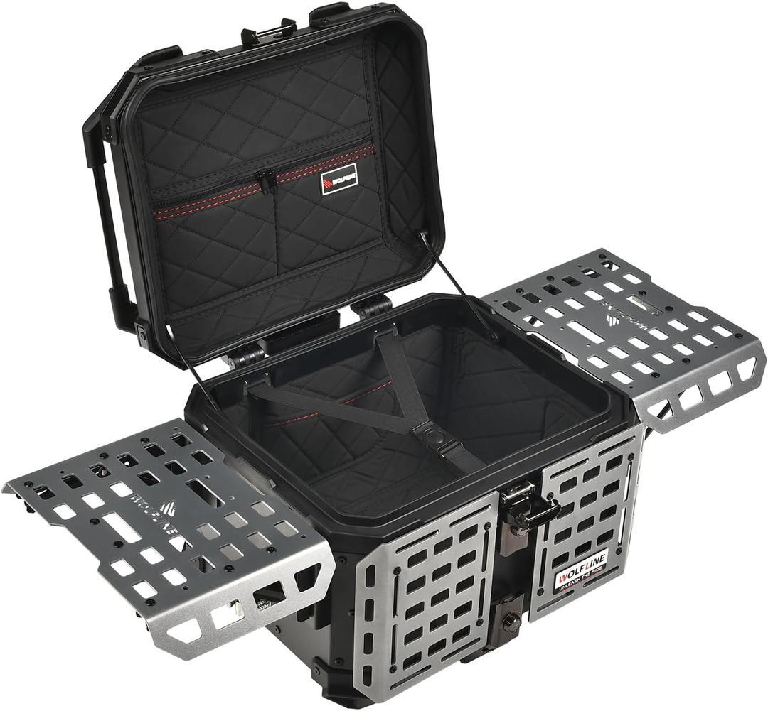 Motorcycle Top Case, 45L Universal Tail Box Motorbike Luggage Storage Trunk | Expandable Side Tray, Easy Install Quick Release Detachable, Waterproof Rustproof Dustproof, Backrest Cushion Anti-Theft Lock