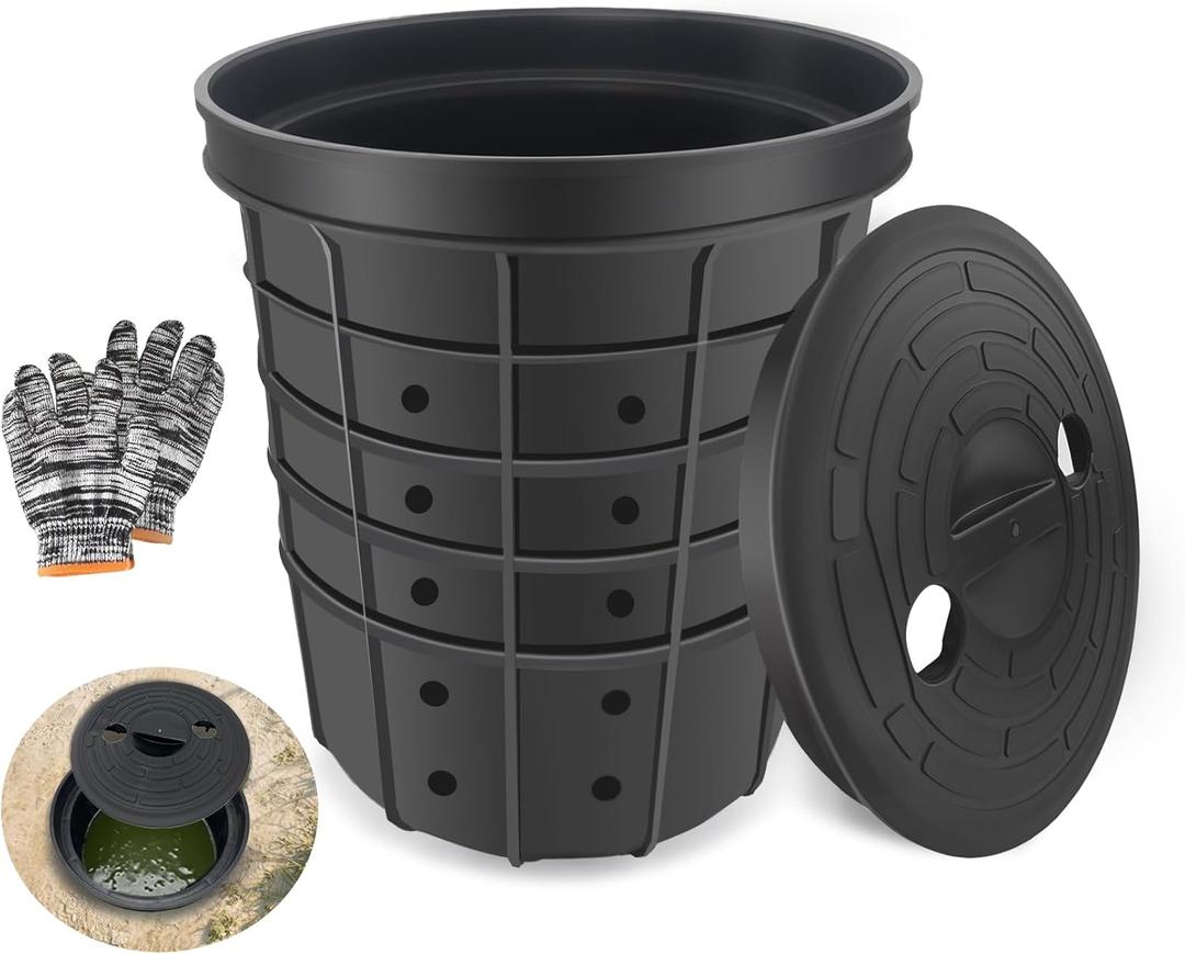 Perforated Sump Pump Basin with Lid, 13 X 11.4 X 15 Inch Heavy-Duty Perforated Sump Pump Bucket with 40 Drainage Holes, Suitable for Yard, Crawl Space, Patio, and Driveway Drainage