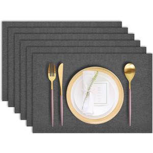 LANDVIEW Cloth Placemats Set of 6, Cotton Linen Blend Machine Washable Durable Linen Table Mats, Heat Resistant Placemats Wrinkle Free Place Mats for Dining Table, Easy to Clean (Dark Grey, 6)