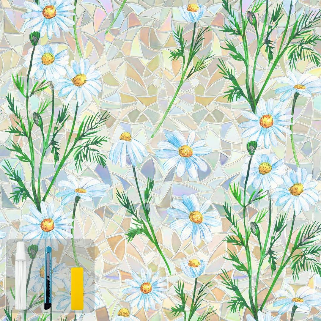 QHY Sunshine Privacy Window Film with Installation Tool Decorative Stained Glass Window Stickers Reusable Window Film (Leafy Daisy, 35.4 x 78.7)
