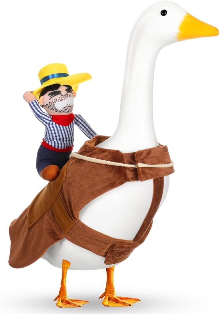 Cowboy Rider Porch Goose Outfit Halloween Goose Costume Lawn 23" Statue Cloths Cowboy Rider Style with Doll and Hat for Halloween Outdoor Patio Yard Art Decoration