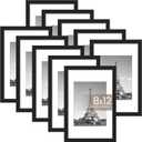 upsimples 8x12 Picture Frame Set of 10, Display Pictures 6x8 with Mat or 8x12 Without, Multi Photo Frames Collage for Wall or Tabletop Display, Black