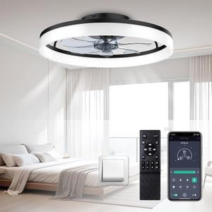 Ceiling Fans with Lights and Remote, 20'' Low Profile Ceiling Fan, 3000-6000K Dimmable Modern Flush Mount LED Fan Light, 6 Wind Speeds, Fandelier Ceiling Fans for Bedroom