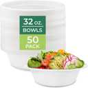 Freshware Paper Bowls - Disposable 32 oz Soup Bowl, 50-Pack Biodegradable Sugarcane Fiber Serving Bowls - Heavy Duty Bagasse for Hot Food Plates - Microwave & Freezer Safe, Stackable Dinnerware (White)