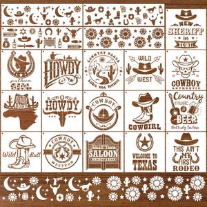 AFRITEE Western Cowboy Stencils for Painting - 20 Pieces Small Landscape Longhorn Skull Reusable Stencils for Painting on Wood, Country Music Beer Drawing Template DIY Home Wood Fence Rock Decoration