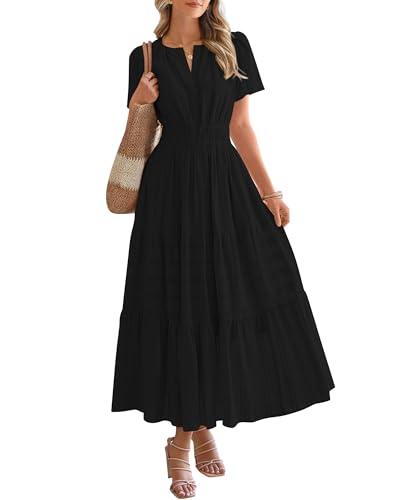 BTFBM Womens Summer 2025 Casual Midi Maxi Dresses Lightweight Short Sleeve V Neck Elastic Waist Boho Beach Dress Pockets(Black, Medium)