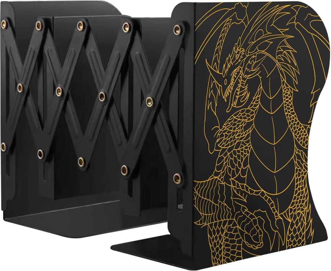 Dragon Bookends, Adjustable Bookends, Unique Book Holders for Shelves, Metal Book Ends for Heavy Books, Non-Skid Book Stander for Desk, Shelf, Office, Stationery Gift (Black)
