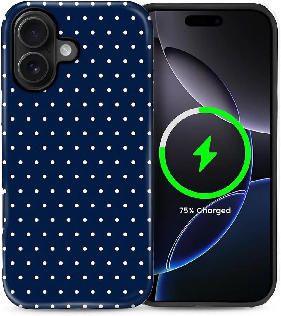 ZHEGAILIAN Magnetic Case for iPhone 16,Compatible with MagSafe Hard Shell + Soft Silicone 2 in 1 Hybrid Shockproof Bumper Drop Protective Case Navy Blue Polka Dot