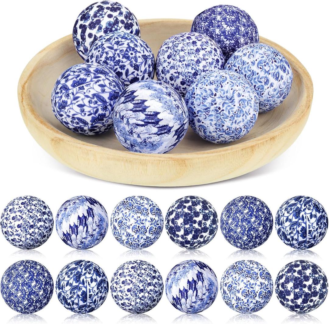 Libima 12 Pcs Blue and White Decorative Balls 2.76" Chinoiserie Balls for Centerpiece Bowls Filler Fabric Wrapped Bowl Filler Trays for Christmas Vases Tables Basket Home (Classic)