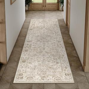 2x6 Washable Neutral Runner Rug Beige Hallway Kitchen Non-Slip Low Pile Floral Carpet Vintage Soft Thin Throw Rug for Bathroom Bedroom Entryway Laundry Dining Room