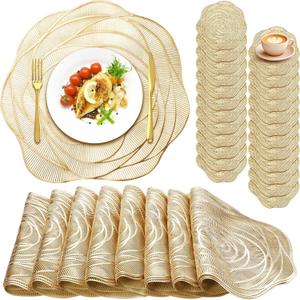 Sieral 24 Set 15 Inch Round Pressed Vinyl Placemats Hollow Out Rose Placemat Set Metallic Slip Resistant Place Mat Coaster Including Place Mats and Coasters for Wedding Dining Kitchen (Gold)