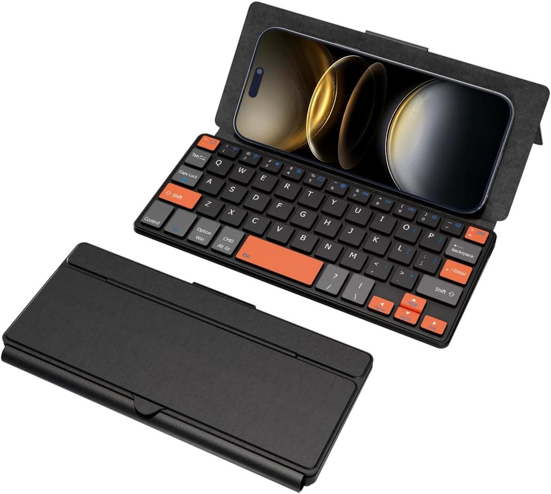 Doohoeek Universal Bluetooth Mini Keyboard, Wireless Compact Keyboard with Orange Navigation Keys & Any-Angle Stand for Android/iOS/Windows, Dual-Device Keypad for Phones/Galaxy Z Fold/iPad mini