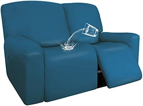 Easy-Going PU Leather Recliner Loveseat Slipcovers, Waterproof Stretch Sofa Covers, 6 Pieces Stretch Furniture Protector, Elastic Strap Shield Pets Kids Children Cats Dogs Peacock Blue