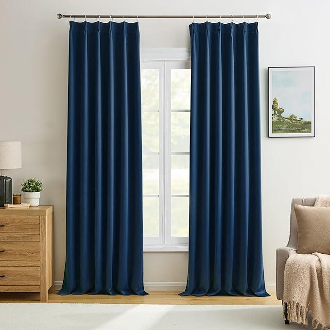 KEQIAOSUOCAI Pinch Pleated Curtains 108 Inches Long 2 Panels Set, Thermal Insulated Blackout Room Darkening Curtain for Bedroom,Window Draperies with Hooks(Navy Blue,40x108-inch)