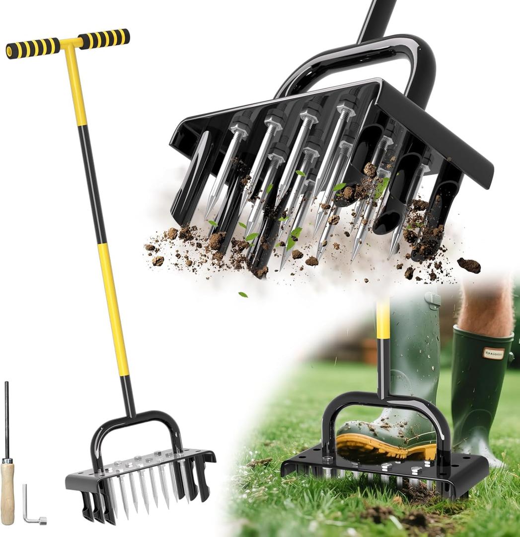 2 in 1 Lawn Aerator Tool  Manual Grass Aerator Tool for Soil Aeration Heavy Duty Core Aerator Lawn Tool with 18 Rust-Proof Steel Spikes Yard Maintenance for Home Garden