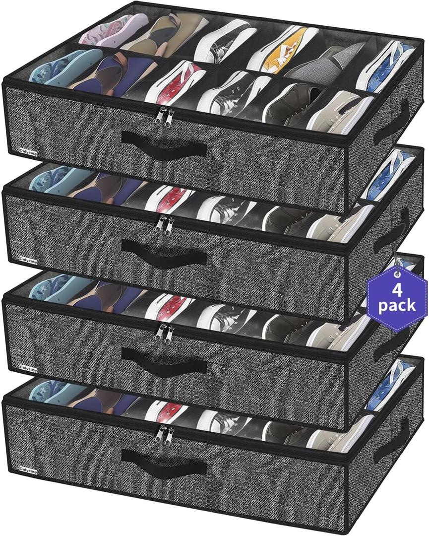 Onlyeasy Under Bed Shoe Storage Organizer For Closet, 4 Pack Fit 12x4 Pairs, Underbed Solution Shoes Container Bags with Sturdy Sidewall & Reinforced Handles, Breathable, Linen-like Black, MXAUBSB4P