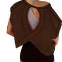 Women Short Sleeve Workout Shirts Open Back Tops Casual Yoga Y2k Athletic Gym Slouchy Crop Running Tees (Medium, Coffee)