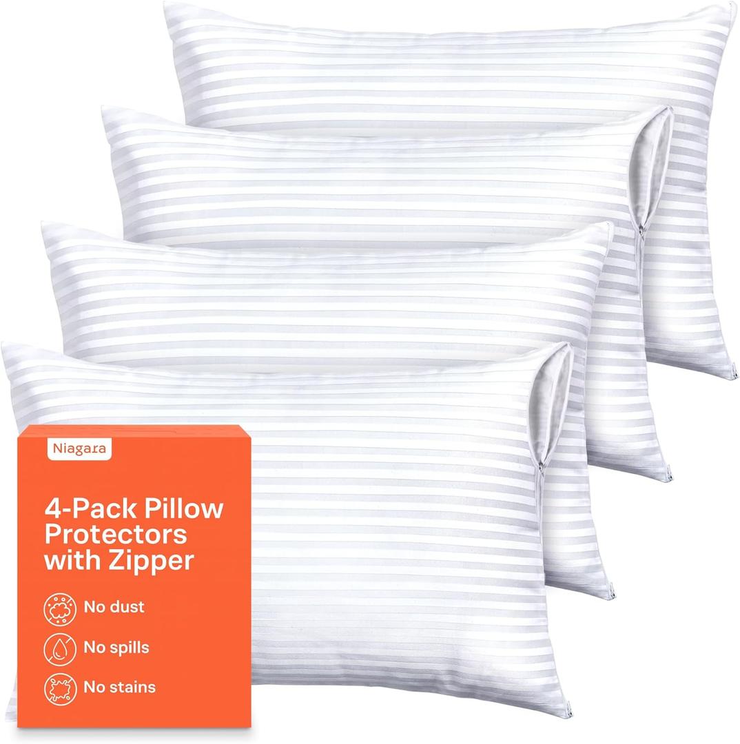 Ultra Soft Pillow Protectors with Zipper Queen Size - Set of 4 Breathable Pillow Covers - 100% Protection Against Stains, Dust & Dirt - Machine Washable (Dark White)
