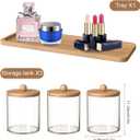 3 Pcs Cotton Swab Ball Pad Holder, 10 Oz Clear Holder Dispenser Containers for Bathroom Organizers and Storage with Bamboo Lids and Tray