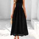 dowerme Women Sleeveless Lace Eyelet Cotton Tank Maxi Dress (Black, L)