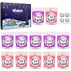 20 Packs Unscented Christmas Advent Votive Candles in Glass, Small Natural Soy Wax Colored Candles with 20pcs Stickers of Hope, Peace, Joy and Love - 5 Pink and 15 Purple