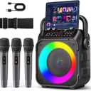 Karaoke Machine, Portable Bluetooth Speaker with 3 Wireless Microphones for Adults & Kids with Lights, Karaoke Microphone with PA System Supports USB/TF/FM/AUX for Home Party Home System Packages (Dark Black-3Mics)