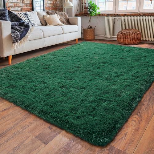 Dssimo Super Soft Area Rugs for Living Room, 4x6 Feet Modern Shag Dark Green Rug, Fluffy Plush Non-Slip Green Carpet for Girls Boys Teens, Kids Home Decor for Bedroom Dorm Nursery Classroom, Carpets