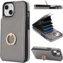 Folosu Compatible with iPhone 14 Case Wallet with Card Holder, 360Rotation Finger Ring Holder Kickstand, RFID Blocking Leather Protective Double Buttons Shockproof Cover 6.1 Inch Gray