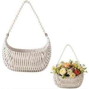 Rattan Flower Girl Basket with Pearl Handle, Rattan Half Moon Wicker Basket, Flower Girl Basket Wedding Basket for Home Wedding Decor, Photo Props, Camping