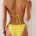 Fanuerg Women's Halter String Triangle Bikini Sets Sexy Floral Textured Two Piece Swimsuit Bathing Suit Yellow XS