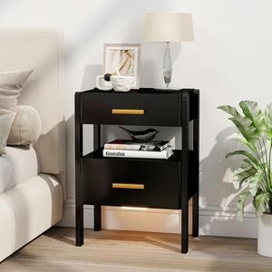 Tltaroni Nightstand with 2 Drawers and Open Shelf Wood Bedside Table Gold Handles Storage Night Stand with Light for Bedroom, Black