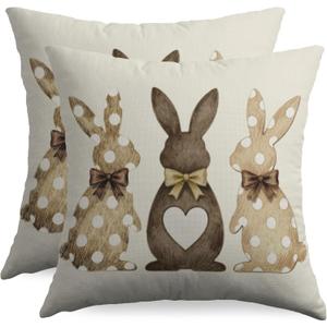 Easter Bunny Pillow Covers 18x18 Inch Set of 2 Polka Dot Brown Rabbit Bowknot Print Spring Holiday Decorative Throw Pillowcases Outdoor Seasonal Farmhouse Cushion Cases Decor for Sofa Couch Bed