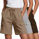 Neer 3 Pack Women's Bermuda Shorts Cargo Knee Length Drawstring Long Shorts Casual Yoga Soccer SweatShorts with 4 Pockets(Brown, Light Heather Gray, Khaki,Medium)