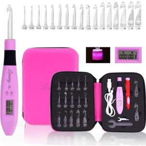 Lirmiery 17 Sizes Counting Crochet Hook Set Digital 2.50~14.0mm,2 Levels Brightness Dimmable Light Up Crochet Hooks for Stitch & Row Counter,Beginner Knitting Kit with 17Interchangeable Crochet Hooks