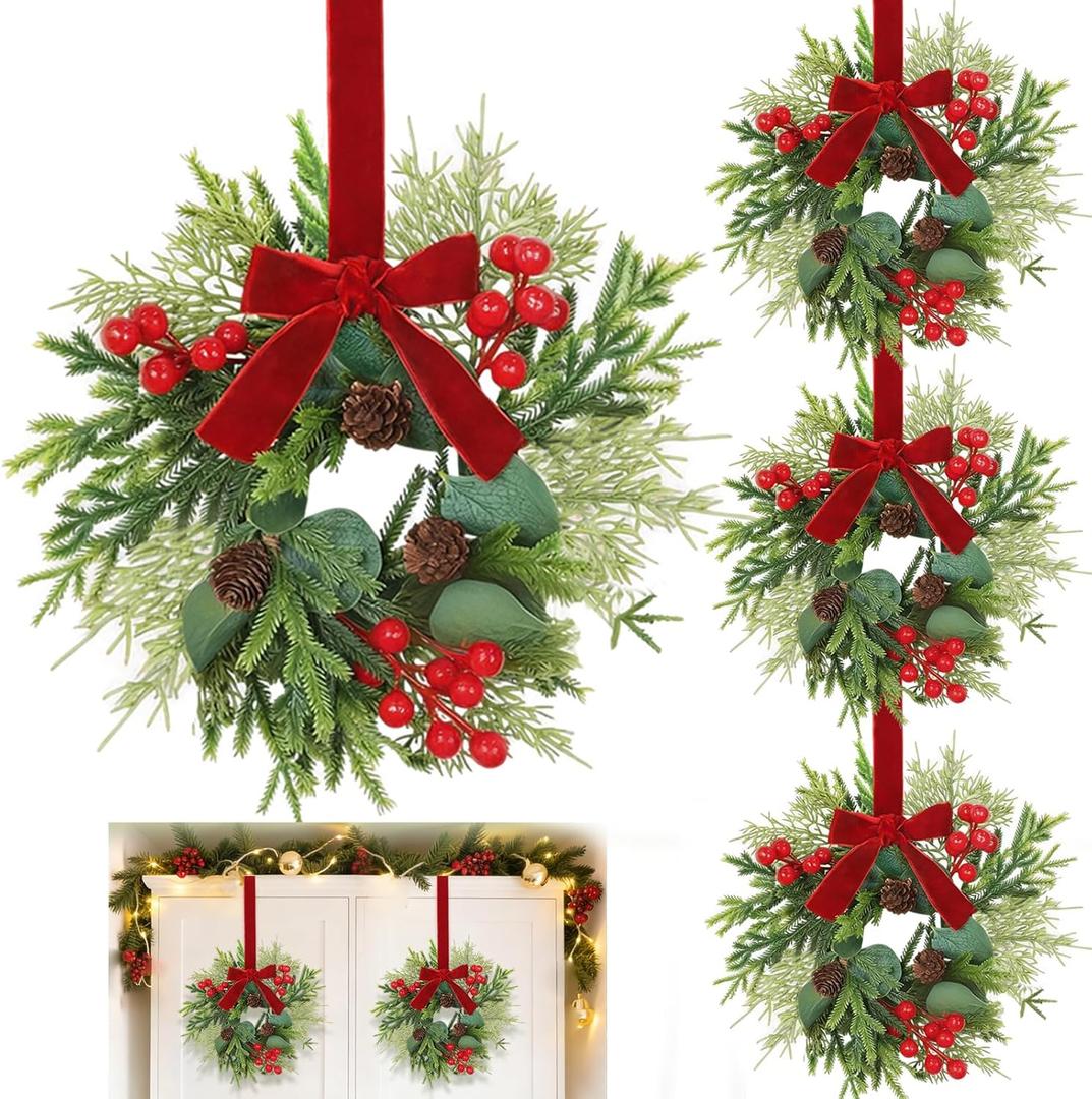 4 Pcs 11" Small Christmas Wreaths for Windows Kitchen Cabinets, Mini Christmas Wreath with Cedar Cypress Eucalyptus Leaf Pinecones Red Berried Bow Christmas Wreaths for Front Door Wall Chairs Stairs