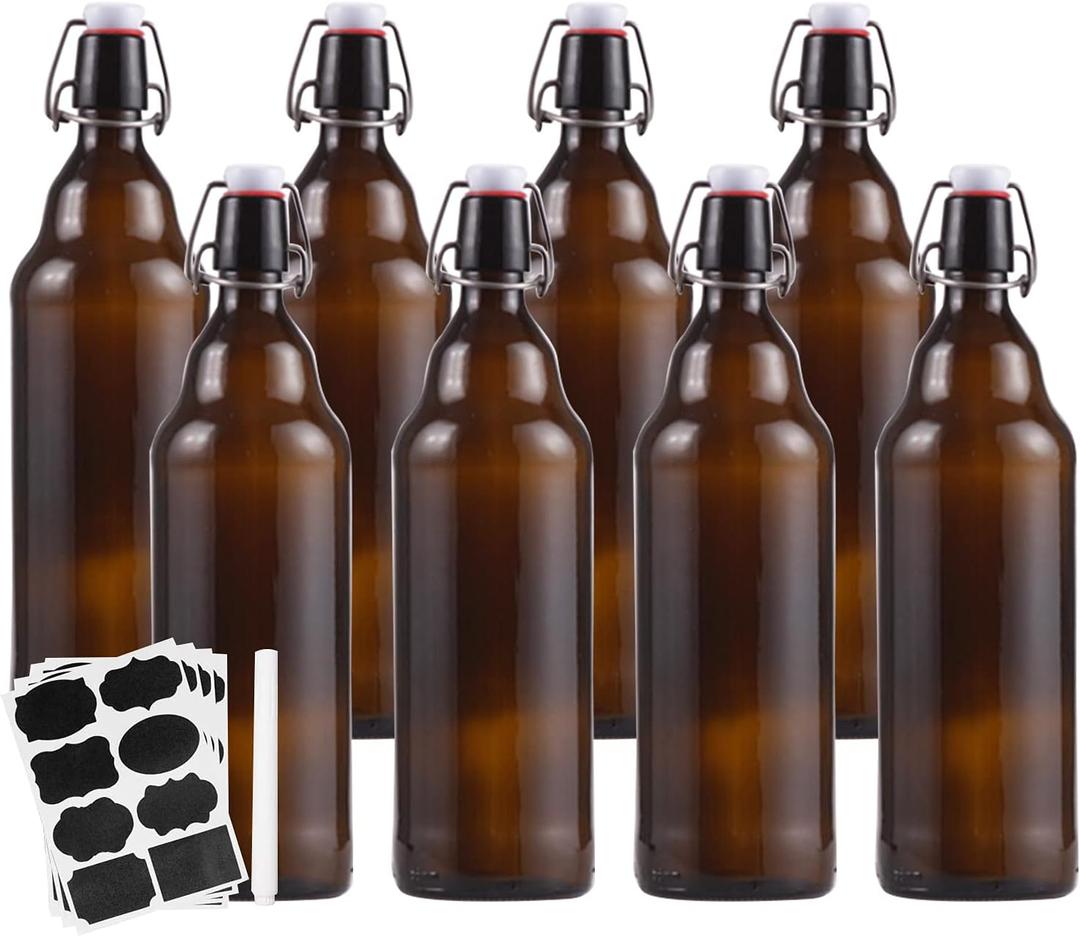 Encheng Amber Glass Bottles With Air Tight Lids 32 oz, Easy Cap for Beer and Home Brewing, Kombucha With Stoppers, Swing Top for Beverages 8 Pack