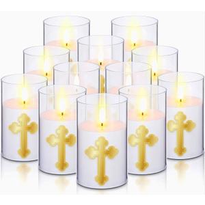 Baquler 12 Pcs Flameless LED Devotional Prayer Candle Easter Cross Flameless Candle Battery Powered 7 Day Sanctuary Candlestick Easter Religious Decoration for Church Hospital Home Altar 35 Inch