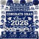 2026 Graduation Decorations Kit - Navy Blue Silver Class of 2026 Party Decor with Congrats Grad Banner Backdrop Hanging Swirls Paper Pompoms Balloons for High School College Graduation Party Supplies