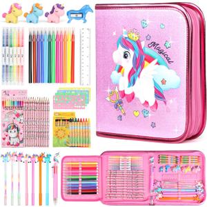 beefunni Unicorn Fruit Scented Markers Set 56 Pcs, Art Supplies for Kids 4-6-8, Arts and Crafts Coloring Set, Markers Pencil Crayon&Gel Pen Drawing Kits - Birthday Gifts for Girls 4 5 6 7 8 Year Old (Light Pink)